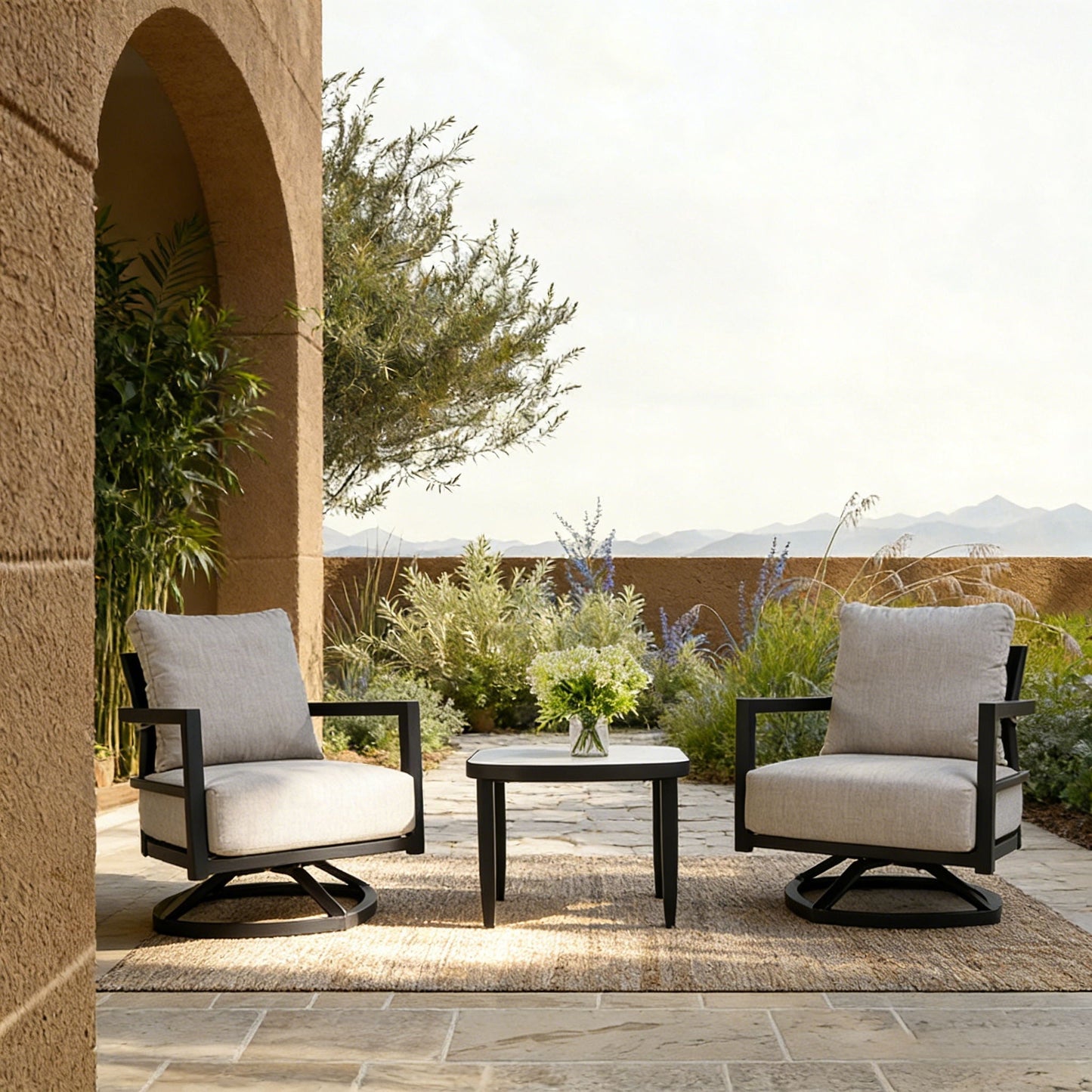 Outdoor Patio Furniture Chat Set with Sunbrella Cushions and Side Table