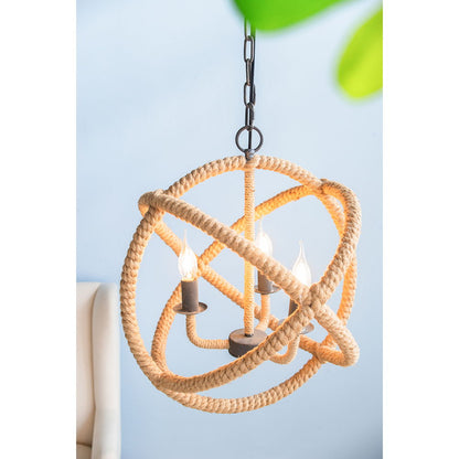 3 Light Farmhouse Chandelier, Rope Chandelier Globe Hanging Light Fixture With With Adjustable Chain For Kitchen, Bulb Not Included - Beige Brown