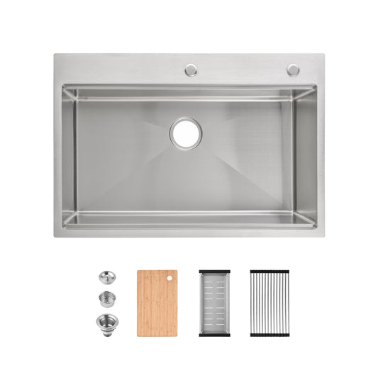 Stainless Steel Kitchen Sink, 33”x22” Single Bowl, Overmount, Brushed Finish