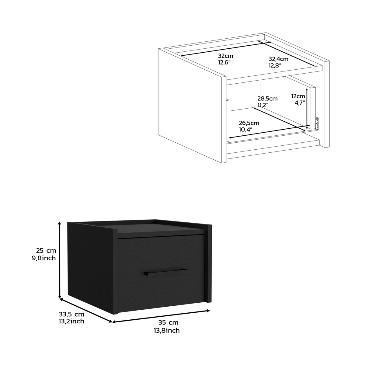 Floating Nightstand, Space Saving Design With Handy Drawer And Surface - Black