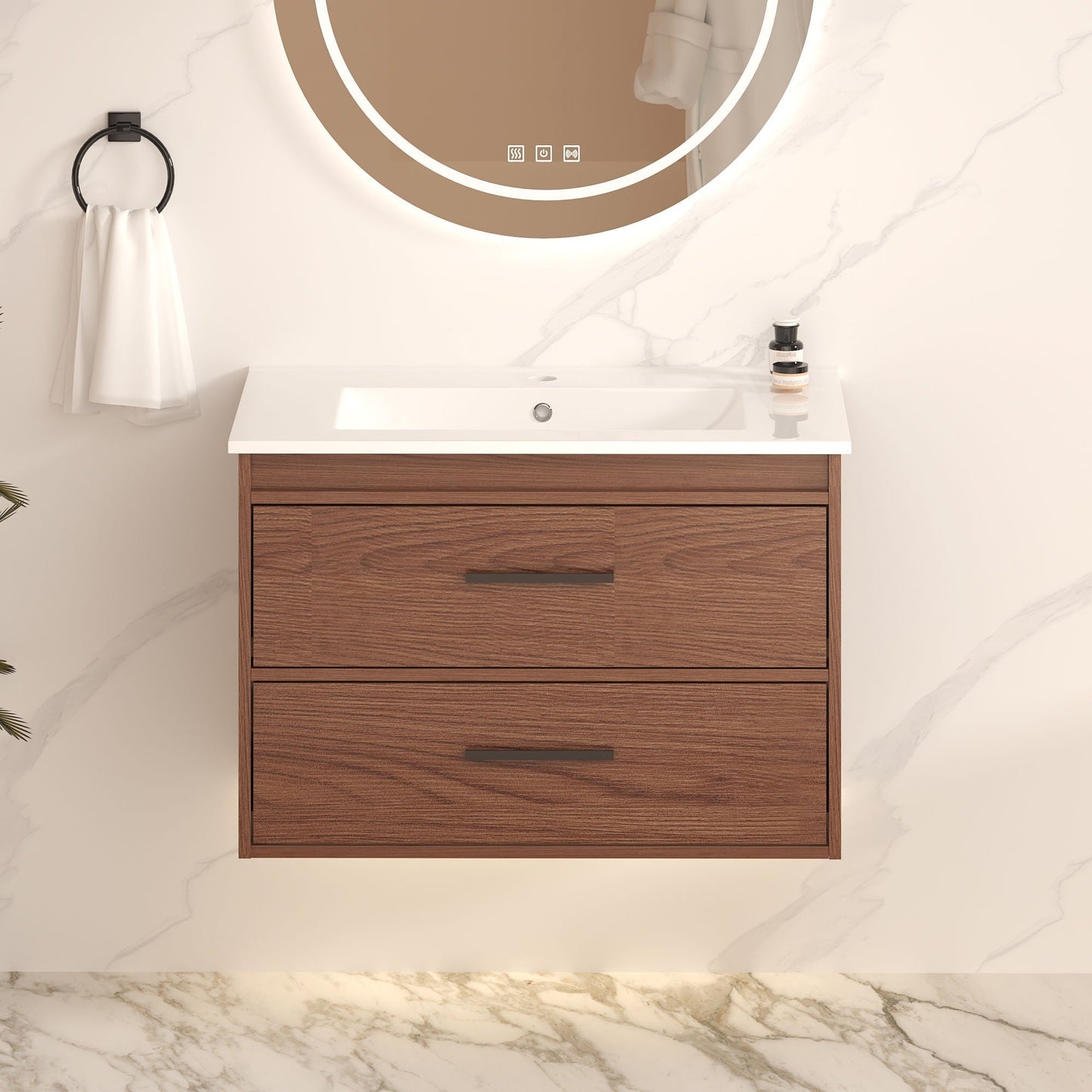 Wall Mounting Bathroom Vanity With Soft Close 2 Drawer, Sink - Reddish Brown