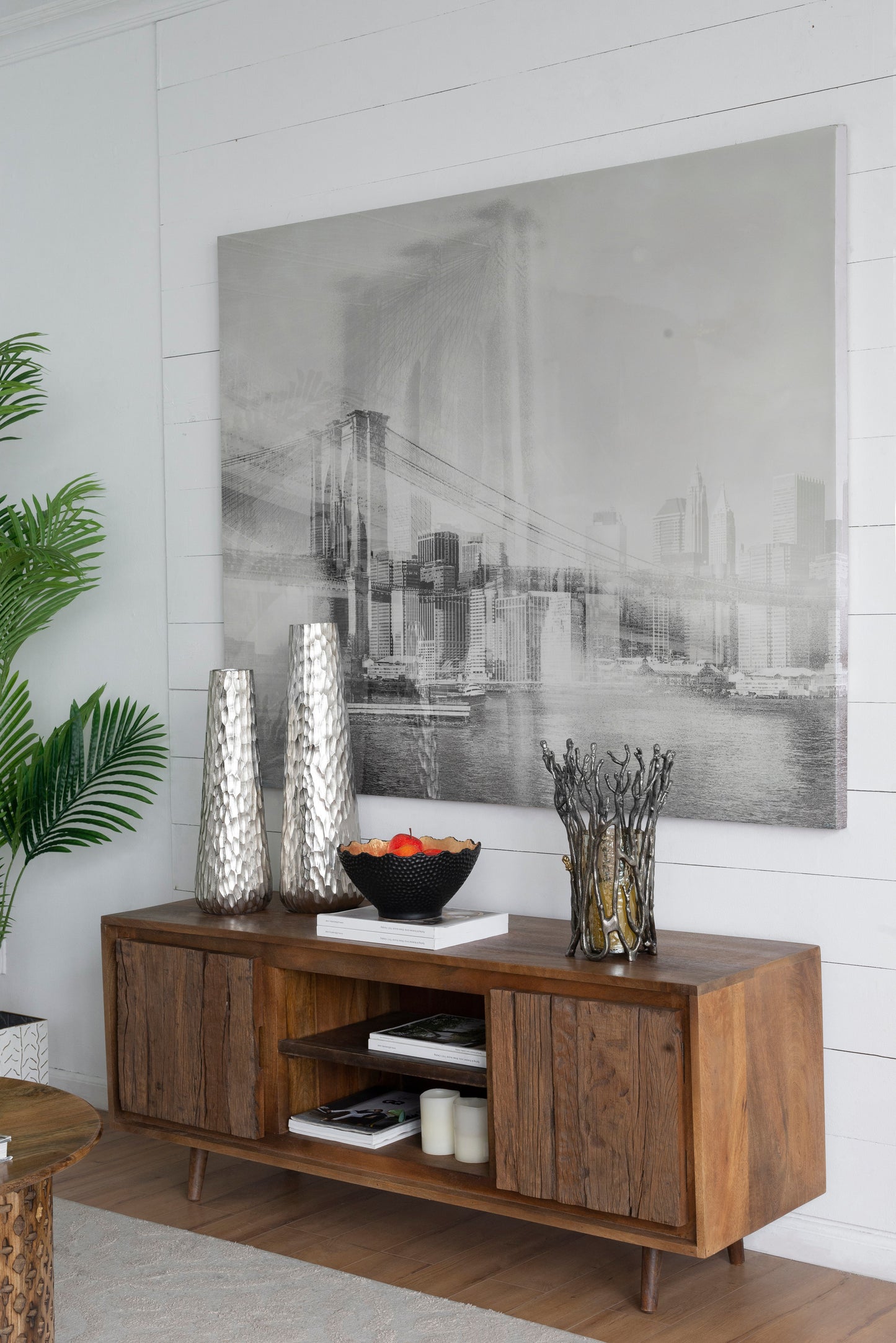 55x16x22.5" TV Cabinet With Recycled Wood 2 Door