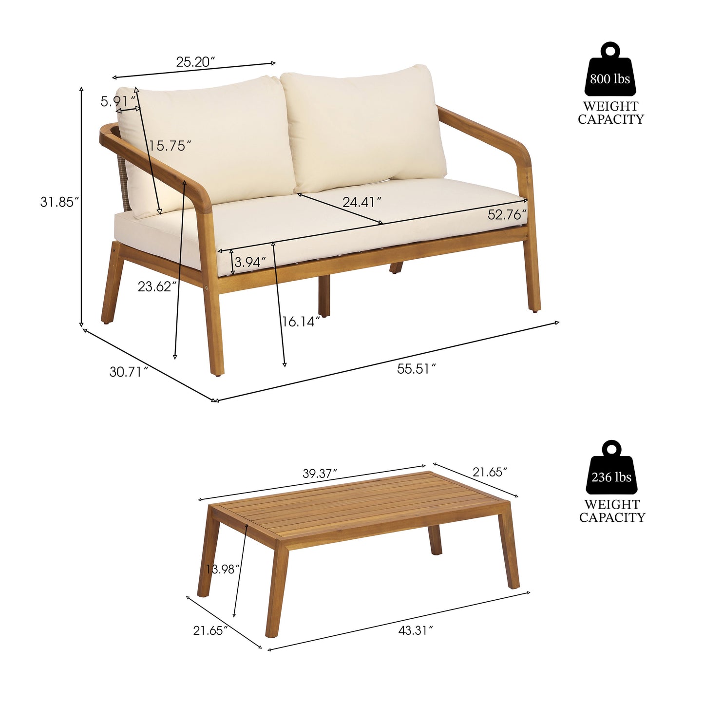2-Piece Outdoor Loveseat & Coffee Table Set Acacia Wood Frame with PE Wicker Back & Water-Resistant Cushions