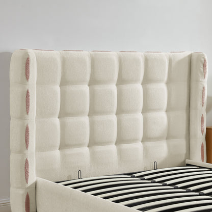 Queen Size Removable Chenille Wingback Upholstered Waffle Bed