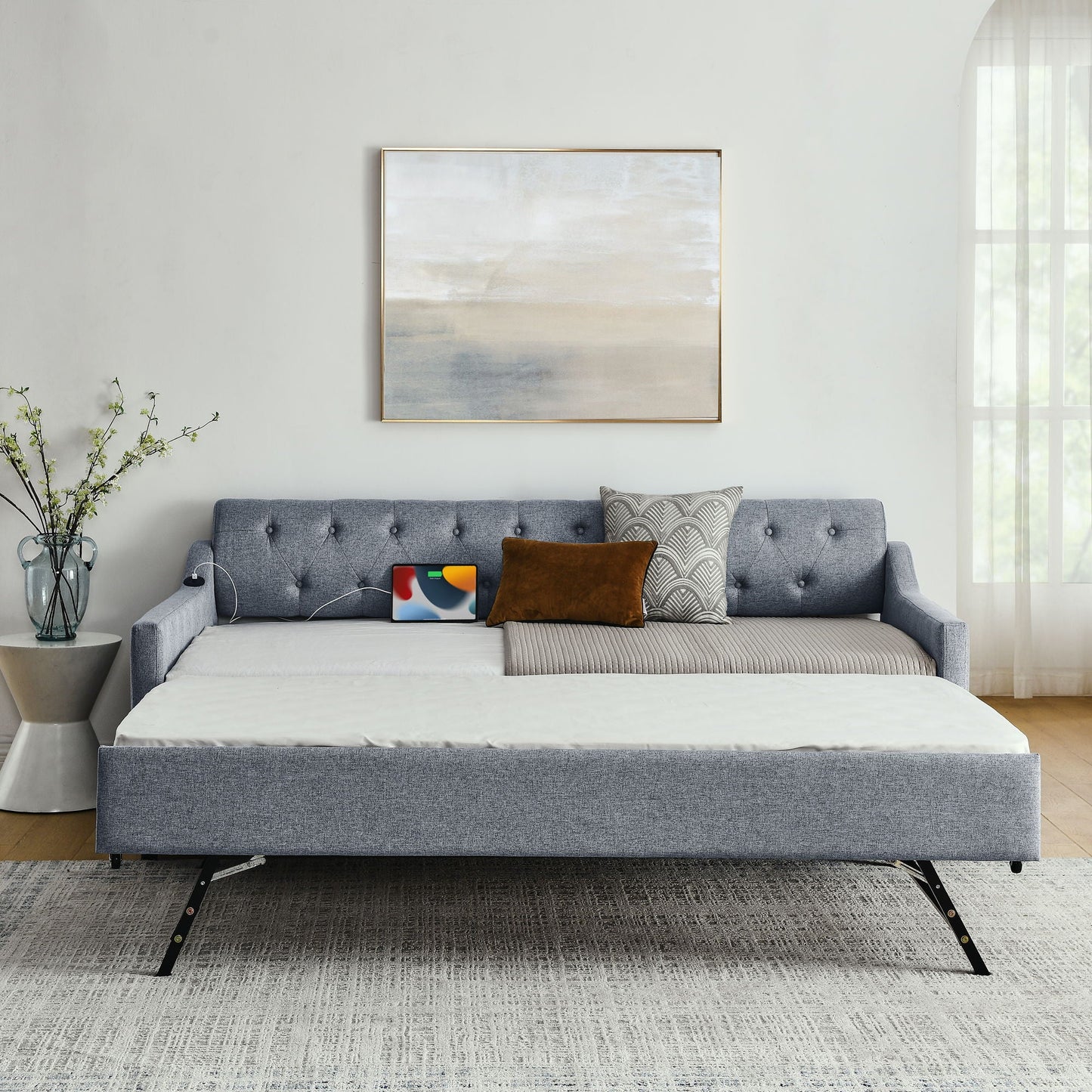 Size Upholstered Daybed With Trundle And USB Charging Armrest