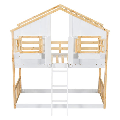 House Bunk Bed With Roof, Window, Window Box, Door, With Safety Guardrails And Ladder