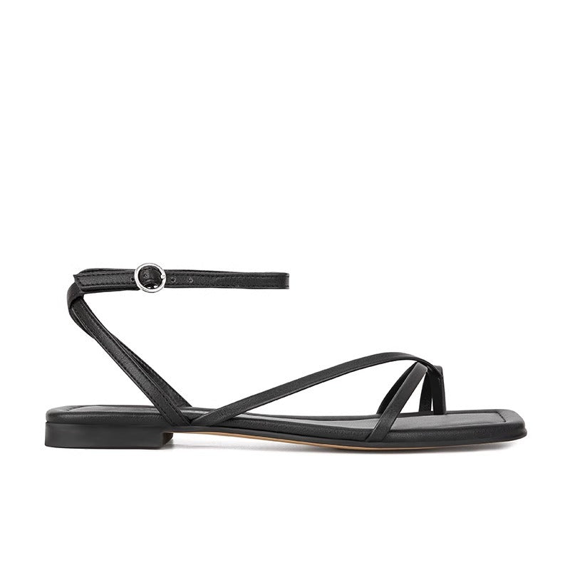 Square-toe Cross-strap Thong-style Flat Sandals