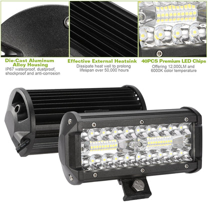 7" LED Light Bar 120W 12000LM LED Work Light Pods Offroad Driving Lights IP67 Waterproof Fog Light Spot Flood Beam for Jeep Trailer Truck Bus Boat