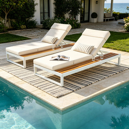 White Iron & Teak Finish Chaise Lounge Set: 1 Frame + 1 4-Fold