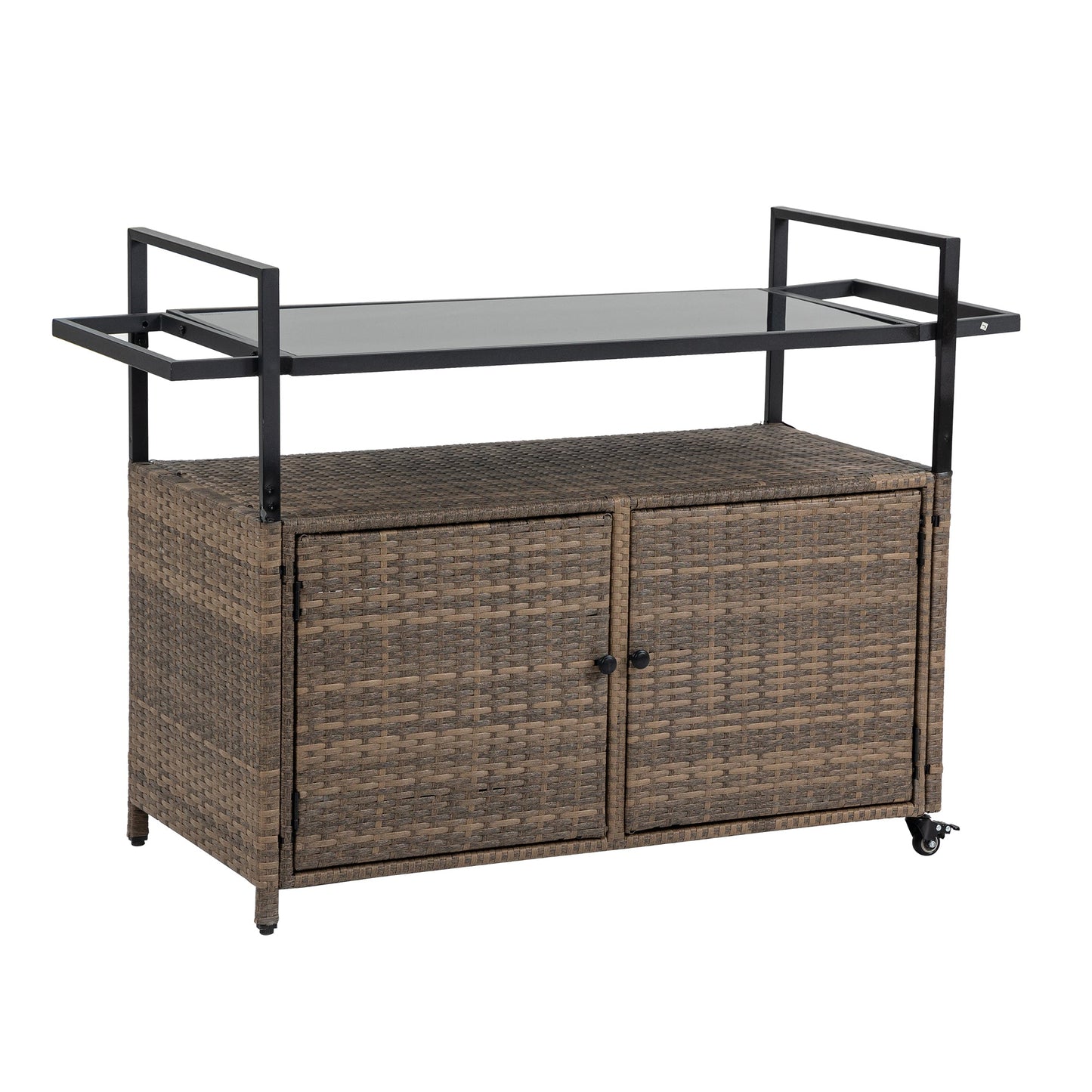 Outdoor Wicker Bar Cart with Glass Top and Wheels