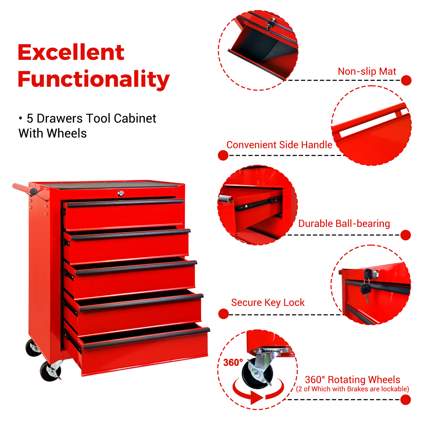 Rolling Metal Tool Chest with 5 Drawers, 20" Steel Cabinet - Red
