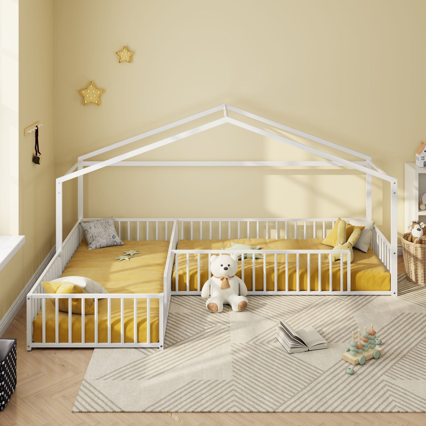 L-Shaped Montessori Bed For 2 Kids With Partitioned Fence