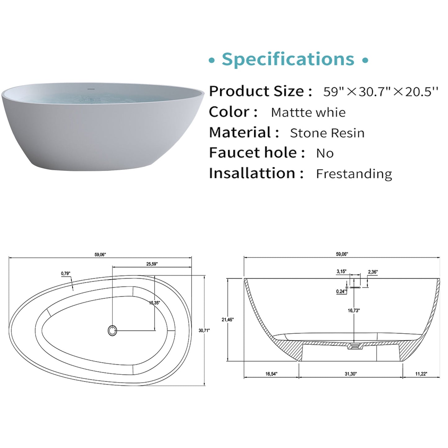 59'' Solid Surface Matte Tub
