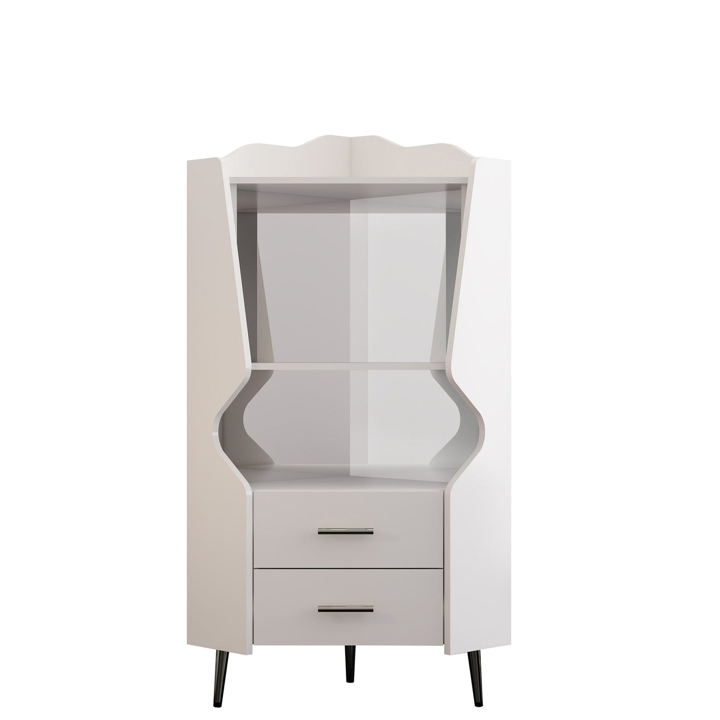 Corner Bar Cabinet With Mirrored Back, 2 Open Shelves & 2 Drawers