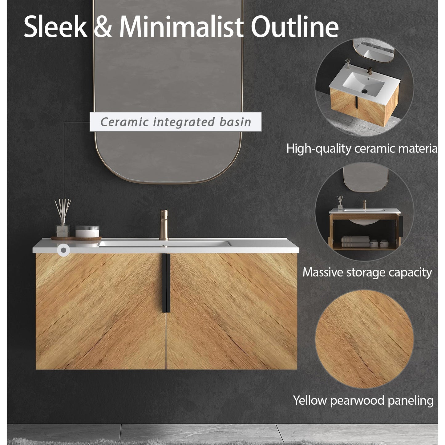 36 Inch Wall-Mounted Bathroom Vanity with 3D Fluted Panel & Ceramic Integrated Sink