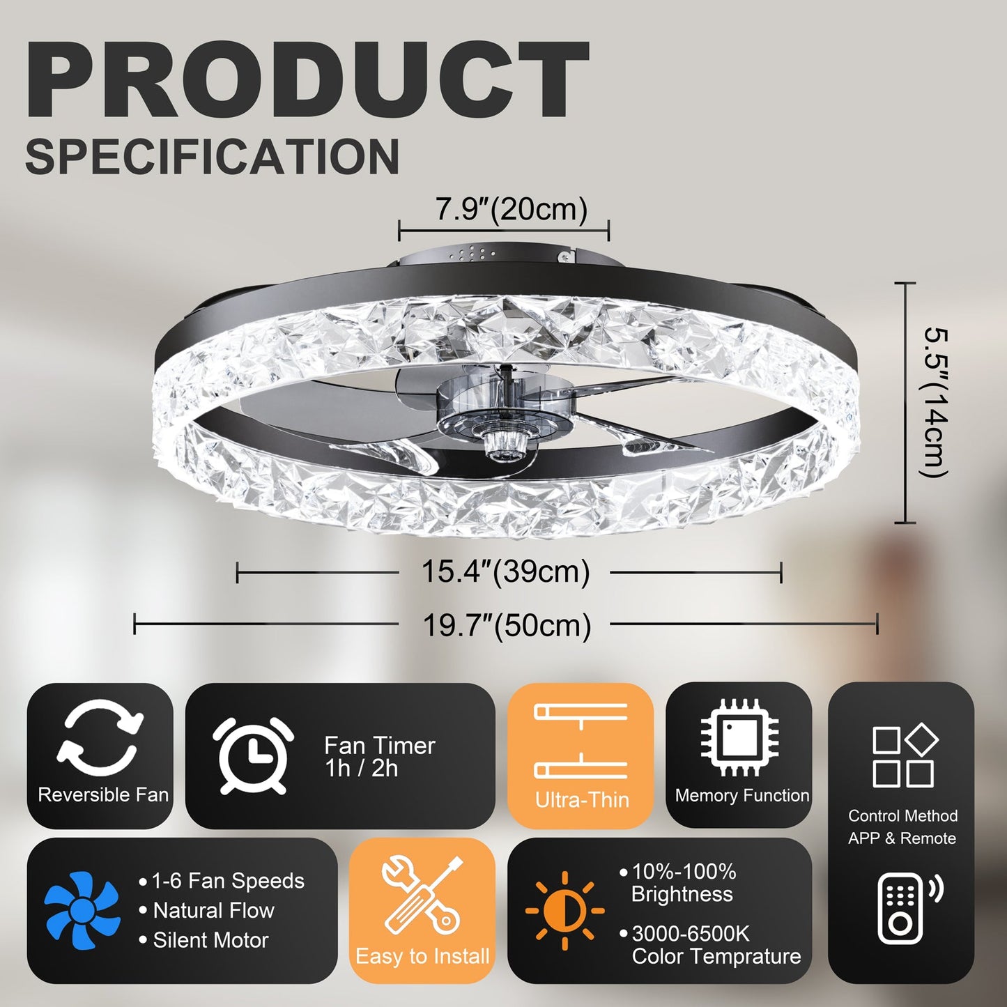 19.7" Ceiling Fan with Dimmable LED Light and Remote & App Control