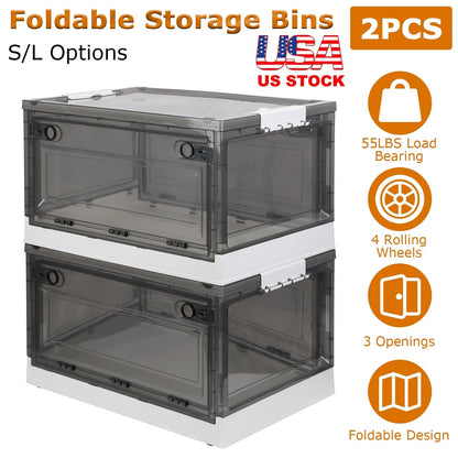 2 Packs Foldable Storage Bins Collapsible Storage Box Organizer Stackable Toy Container with Double Doors Top Lid Rolling Wheels for Clothes Toys Book
