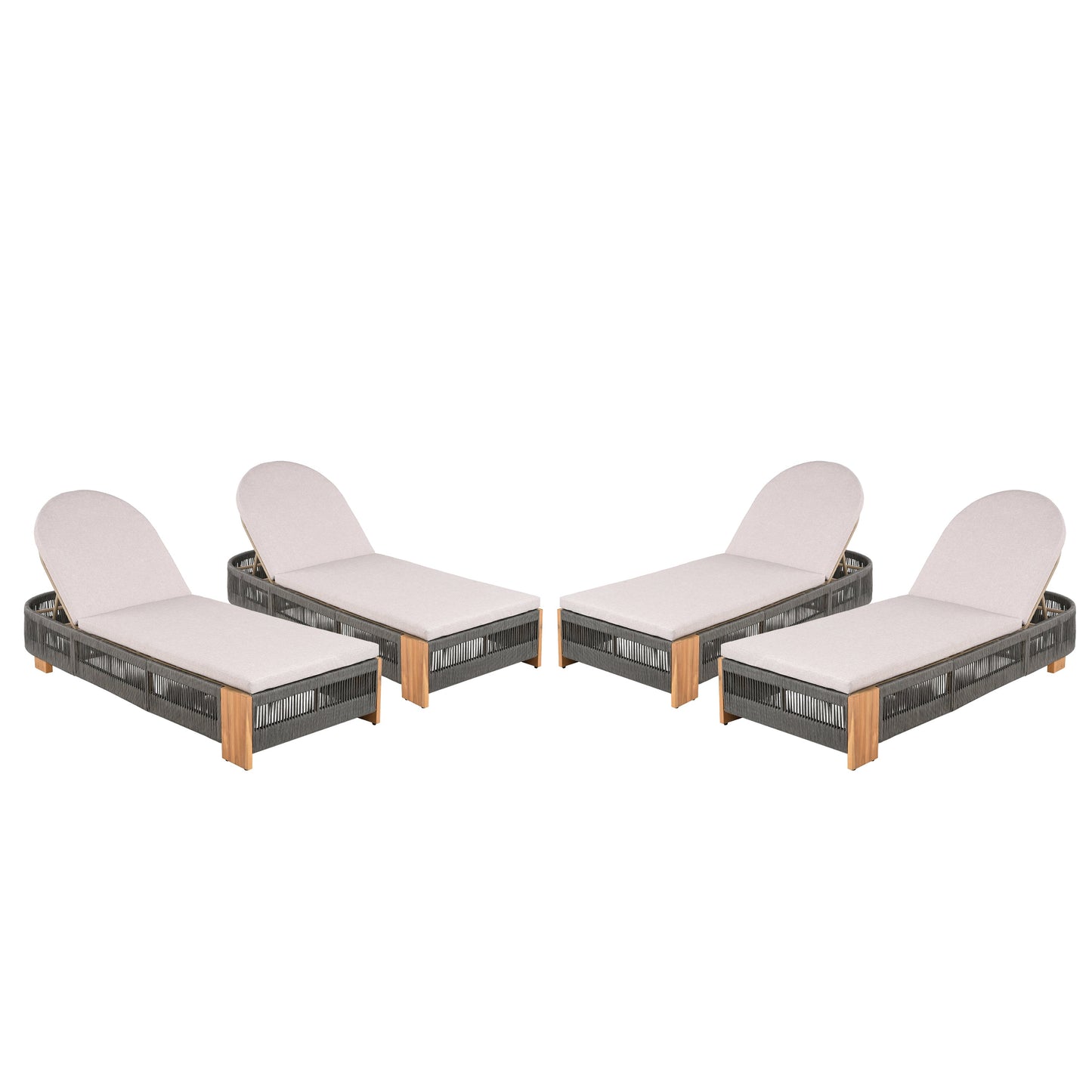 Outdoor Acacia Wood Patio Adjustable Lounge Chair Set of 4 - Grey Rope