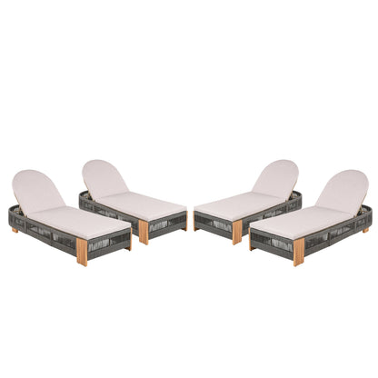 Outdoor Acacia Wood Patio Adjustable Lounge Chair Set of 4 - Grey Rope