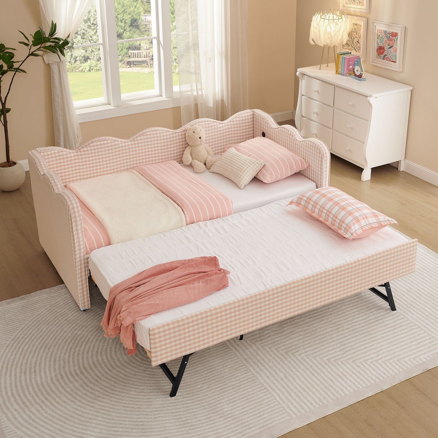 Gingham Daybed With USB Charging Port, Wave Shaped Design