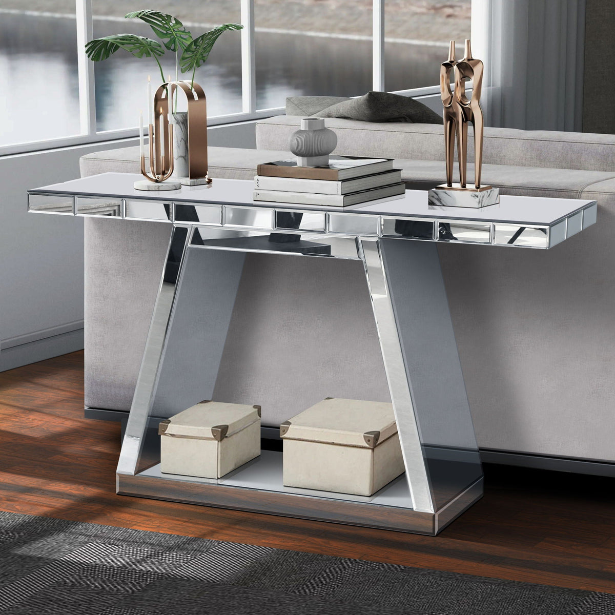 Modern Luxe Full Body Mirror Entryway Table With Trapezoid Base, 360° Reflective Console, Scratch Resistant, Open Storage - Silver