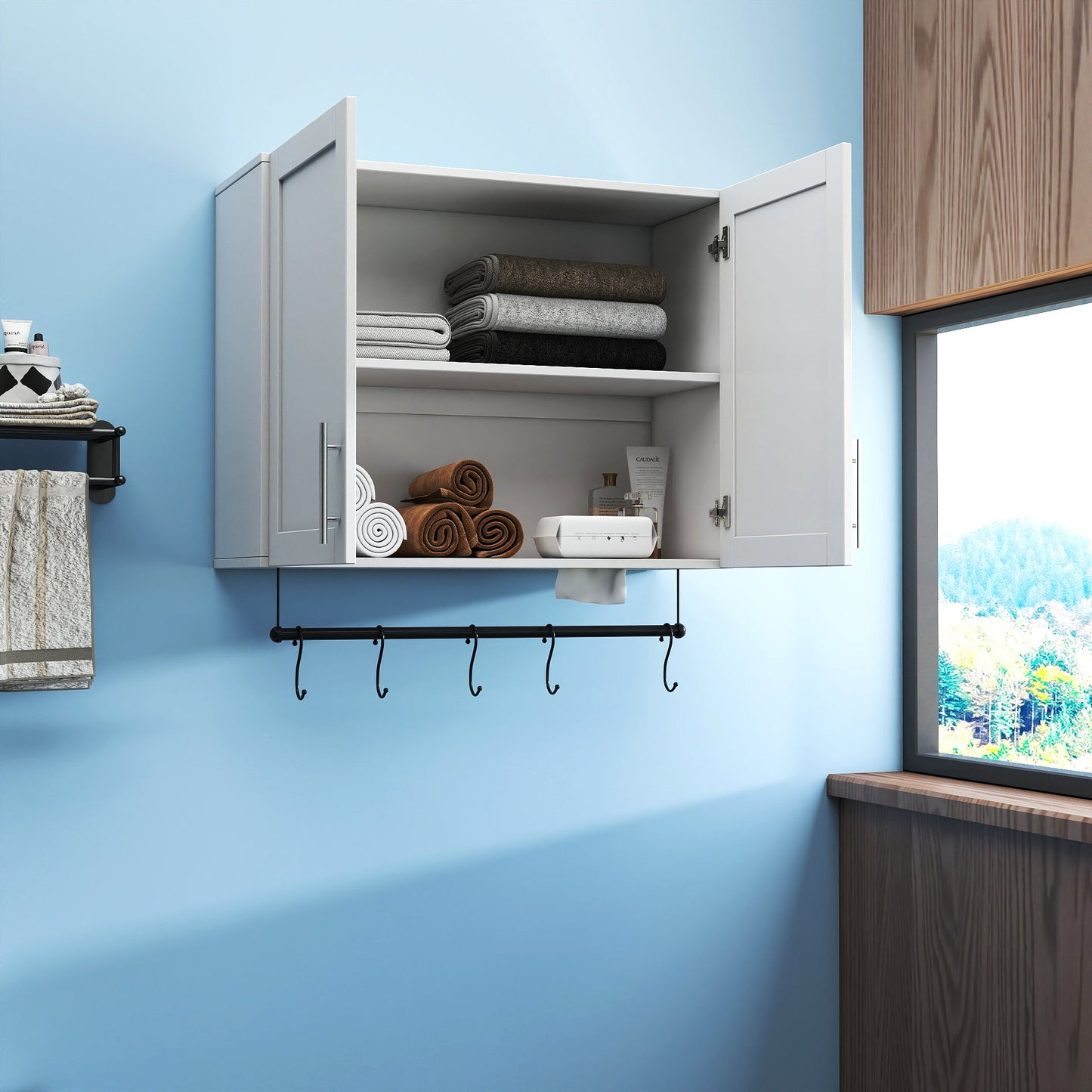 Bathroom Wall Cabinet with Adjustable Shelf, Towel Bar, and 5 Hooks