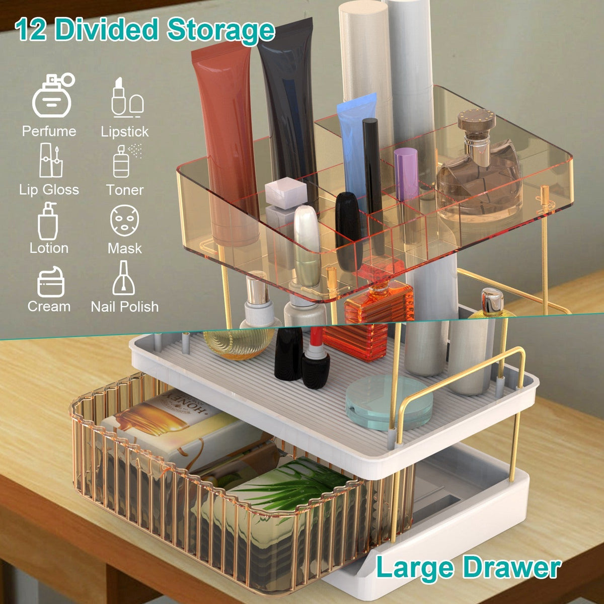 3 Tier Makeup Organizer for Vanity Large Capacity Skincare Shelf Bathroom Countertop Organizer with Drawer for Lipsticks Lotion Toner Perfumer Masks