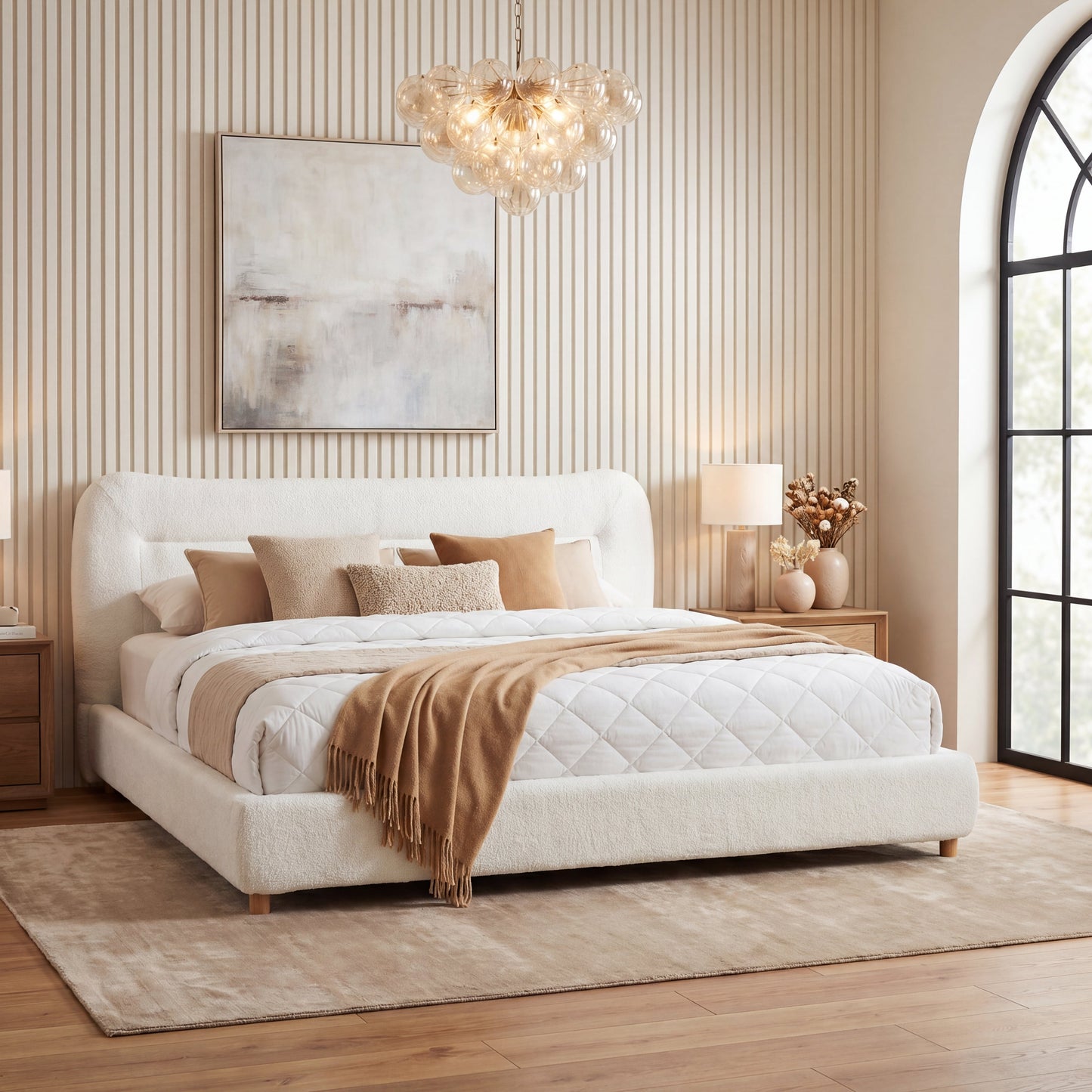 Minimalist Curved Headboard Teddy Bear Plush Bed - King