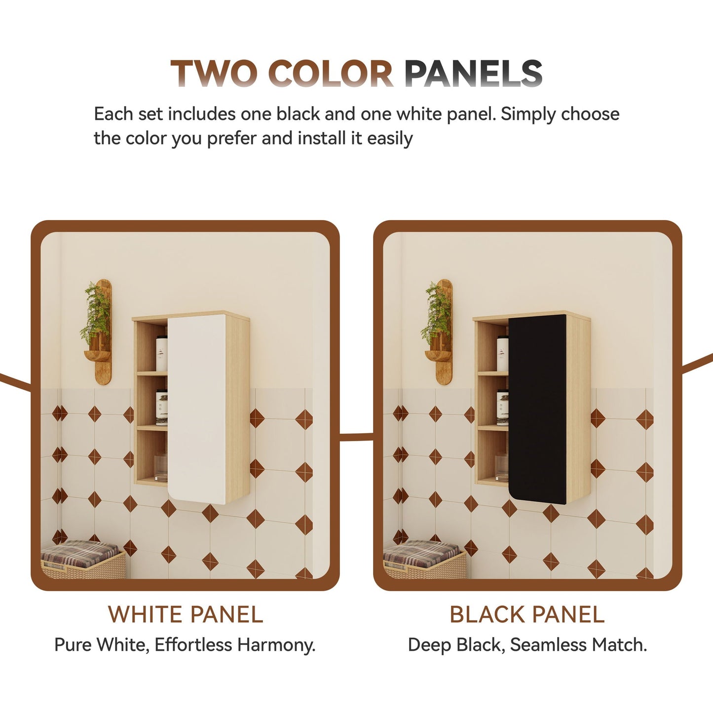 Wall Mounted Bathroom Side Cabinet, Single Door With 3 Tier Open Shelves - Black / Light Oak / White