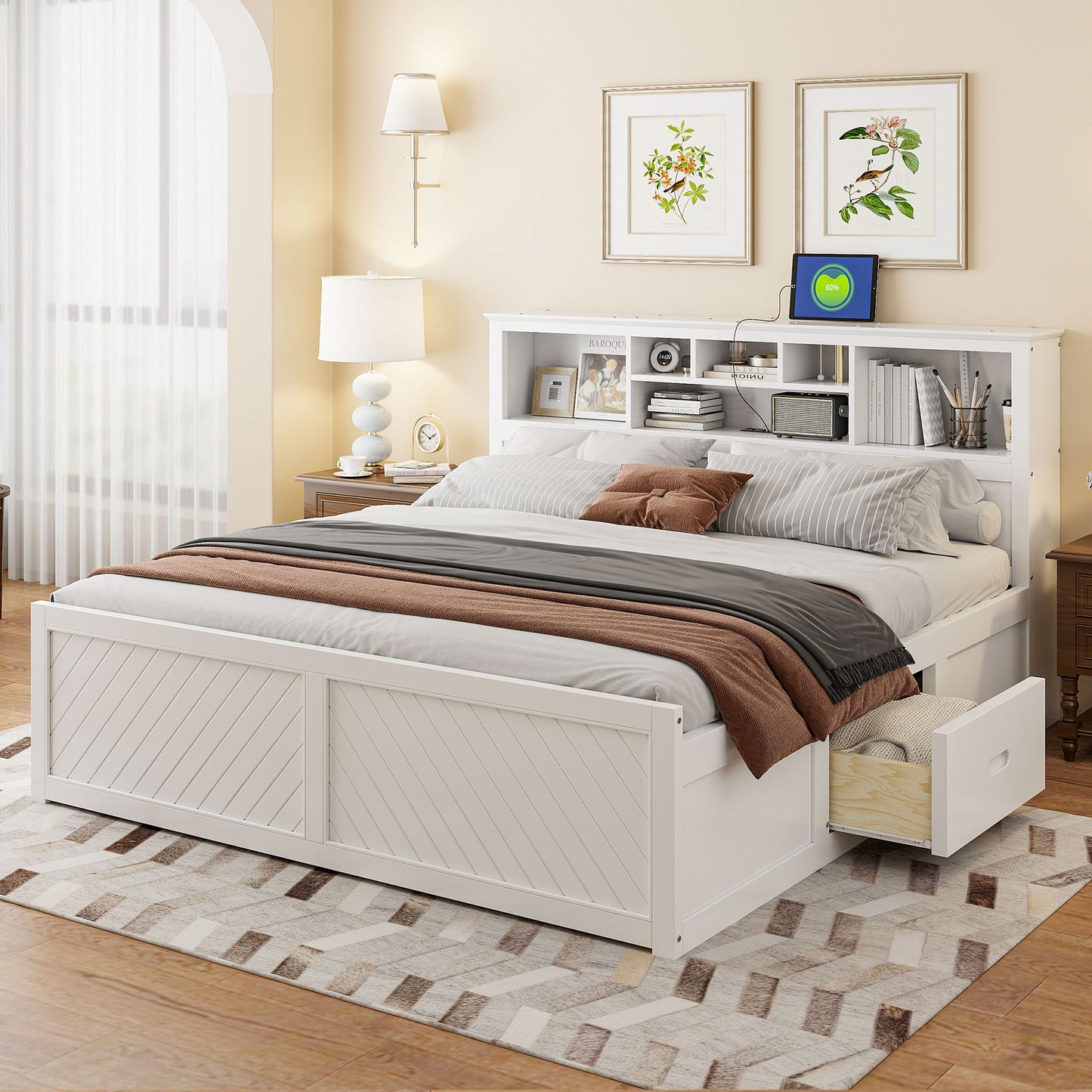 Platform Bed With Multi Storage Headboard, USB And Drawers