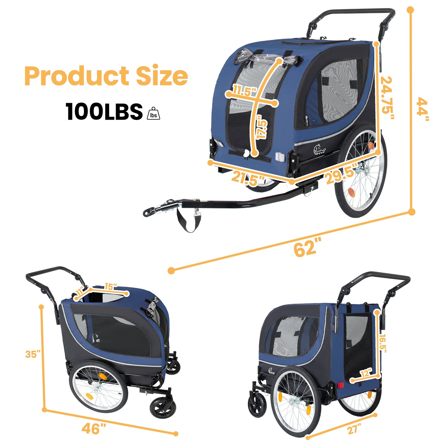 2-in-1 Bike Trailer & Pet Stroller for Dogs up to 100lbs
