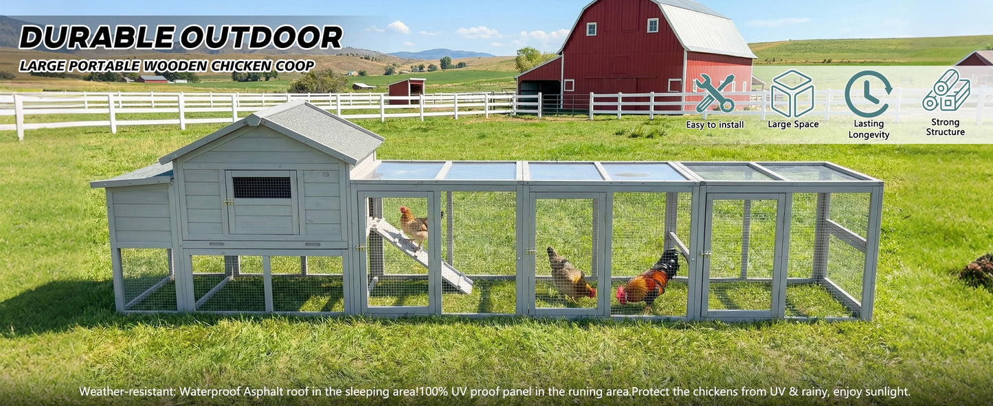 141" Gray Large Wooden Chicken Coop with Nesting Box