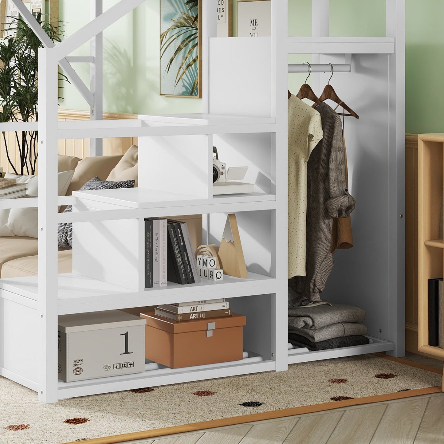 Full Size Loft Bed with Stairs and Storage Shelves