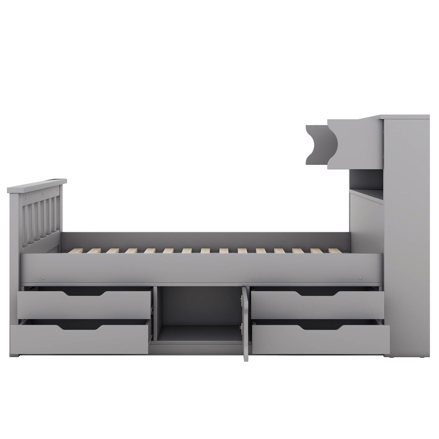 Captain Platform Bed Frame With Storage Bookcases, Shelves, And 4 Drawers