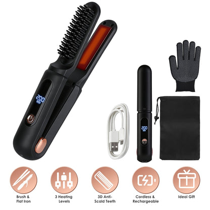 Cordless Hair Straightener Brush 2-in-1 Ceramic Flat Iron