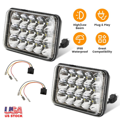 4x6in Car LED Headlights Vehicle Rectangular Headlamp with H4 Socket H4-to-3Pins Adapter with High Low Beam White Light IP68 Waterproof for 10-80V SUV