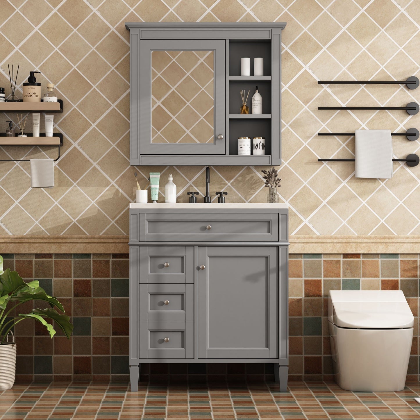 Bathroom Vanity With Medicine Cabinet, Royal Mirror Cabinet, Modern Bathroom Storage Cabinet With 2 Soft Closing Doors And 4 Drawers