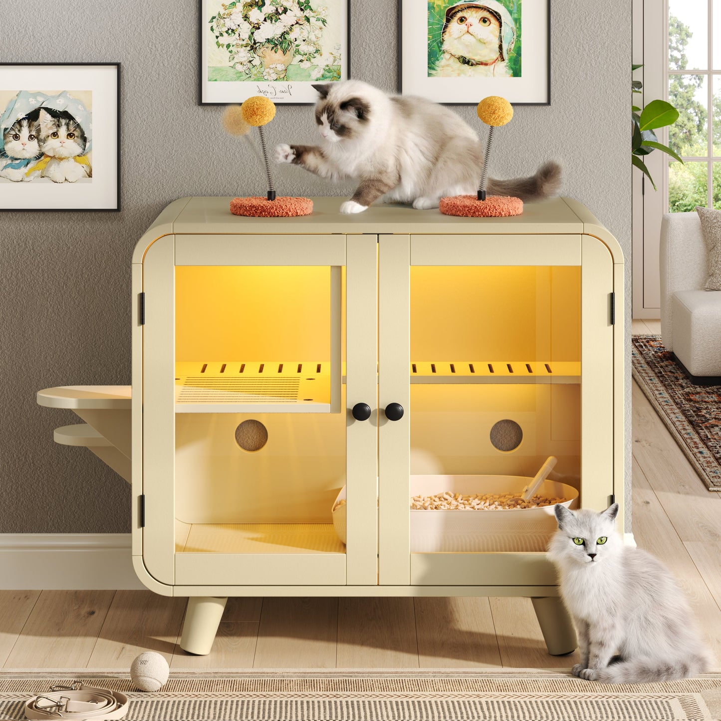 Cat Hidden Litter Box Enclosure with RGB LED Light and Glass Doors