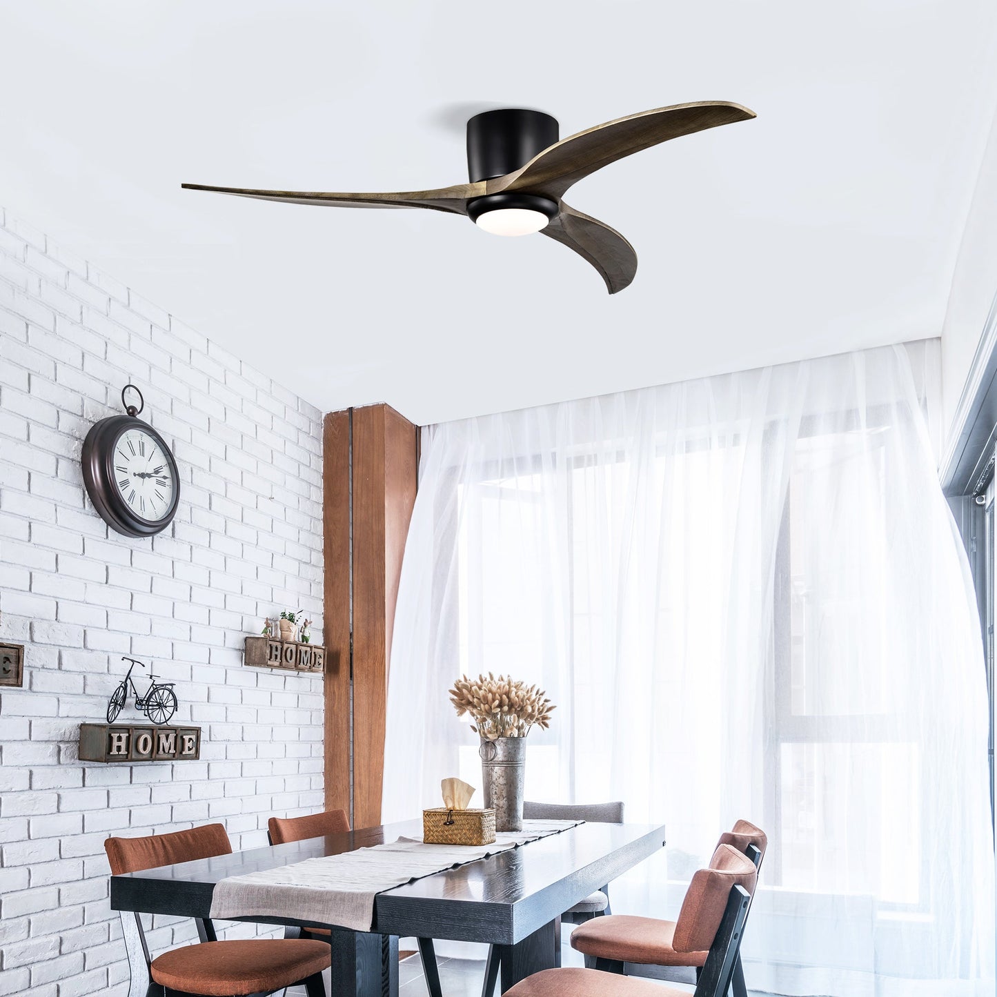52" Flush Mount Solid Wood Blades Ceiling Fan with Lights and Remote Control