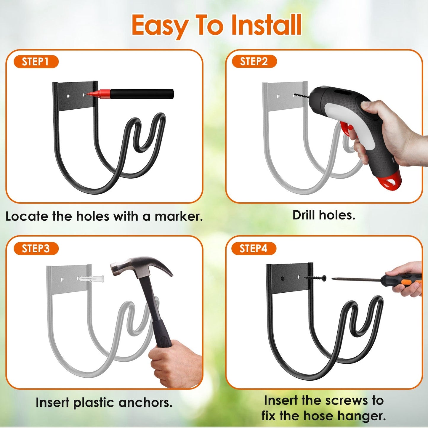 2Pack Heavy Duty Garden Hose Holder Stainless Steel Hose Hook Metal Hose Rack Reel Organizer for Water Hose Extension Cords