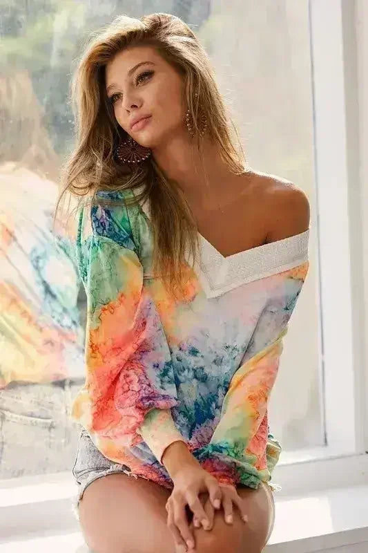 BiBi Tie Dye Soft Knit Jersey V-Neck Top | Femstylo