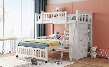 Bunk Bed With 6 Drawers And Flexible Shelves, Bottom Bed With Wheels