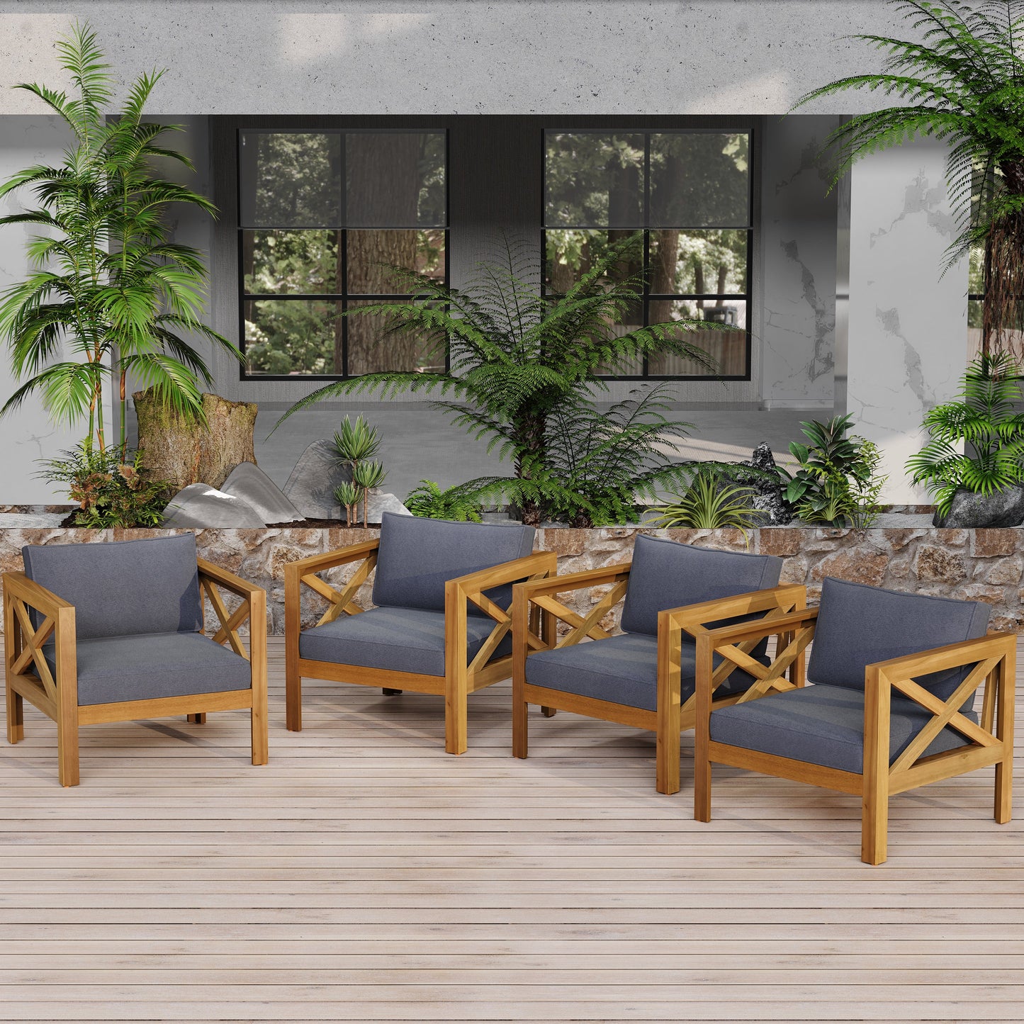 Outdoor Acacia Wood Club Wooden Armchair with Cushions (Set of 4)