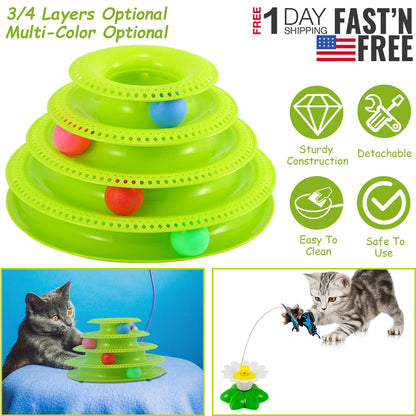 Cat Track Tower Toys 4-Layer Ball Track Interactive Cat Toys Electric Rotate Butterfly Birds