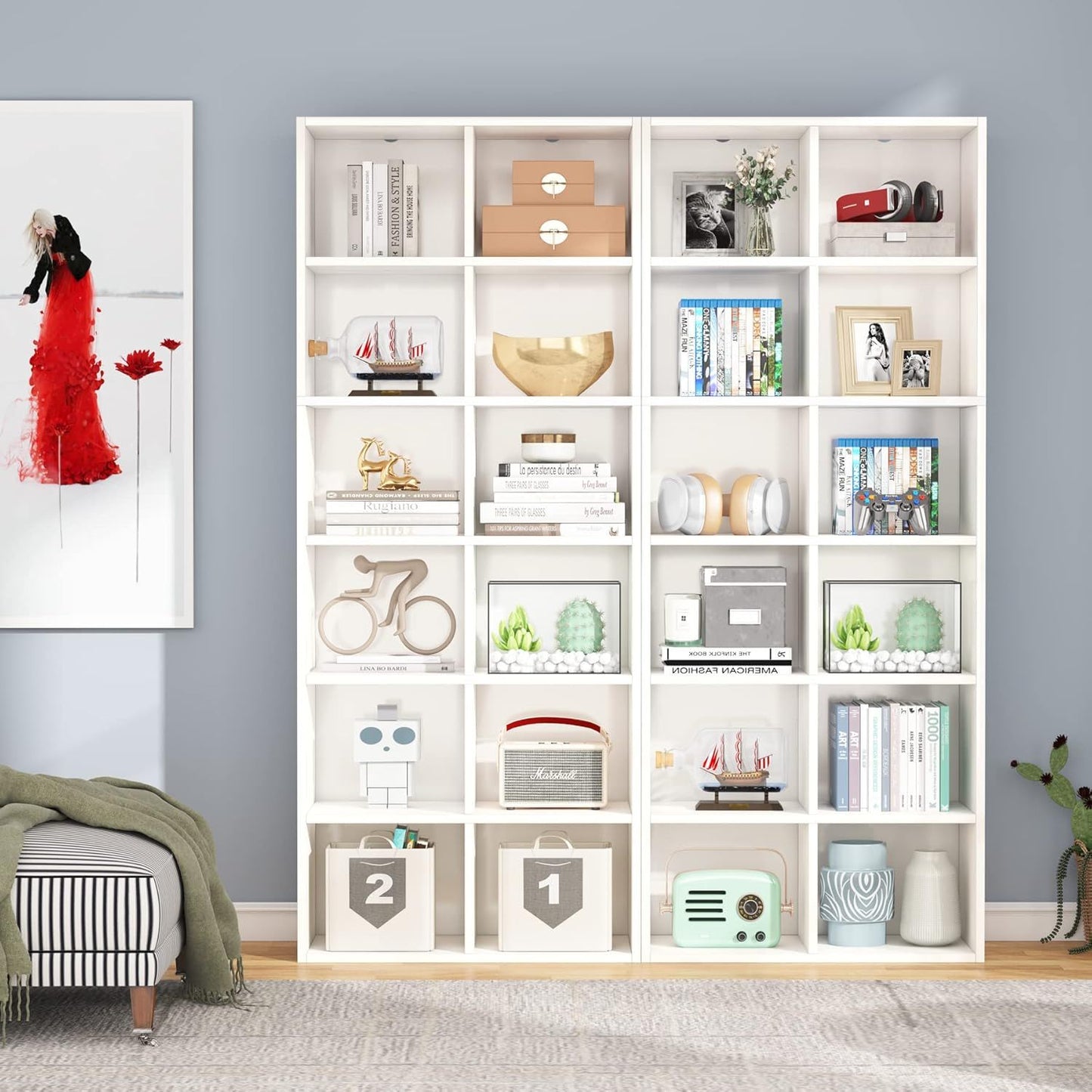 Narrow 12 Cube Bookcase With Closed Back For Living Room - White