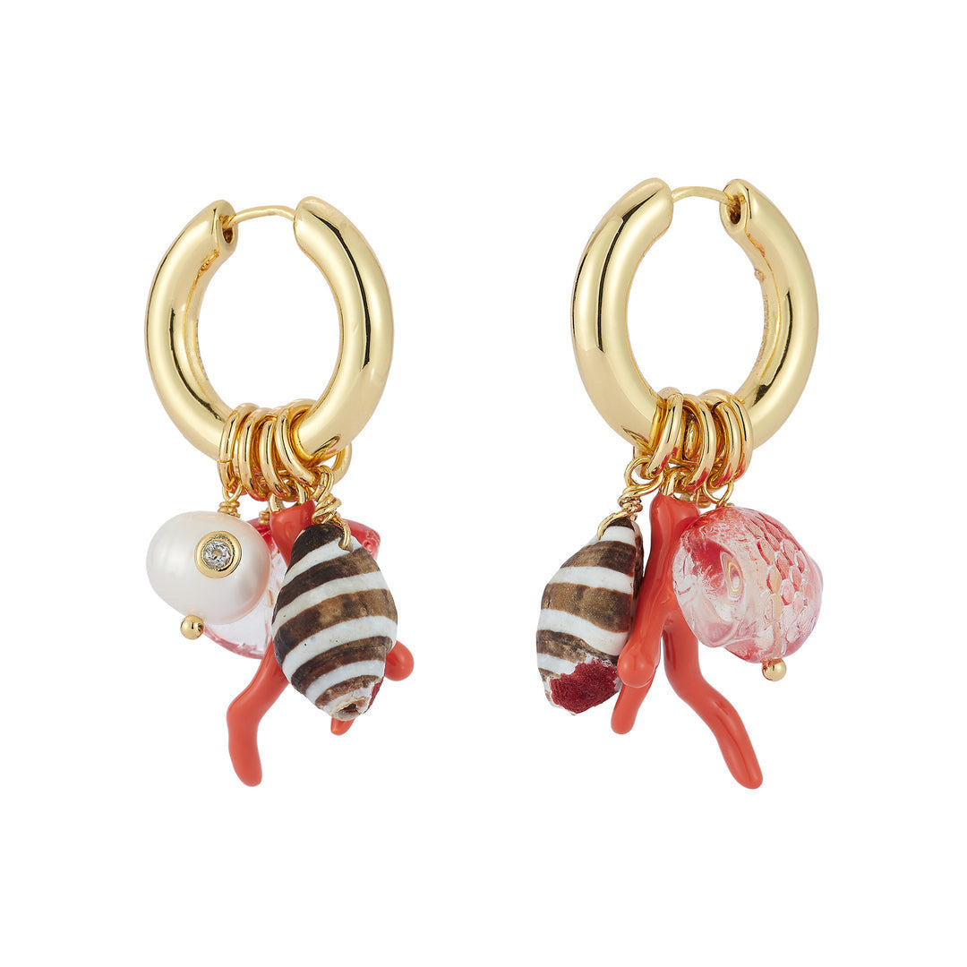 Fashionable Coral Small Fish And Conch Shell Earrings