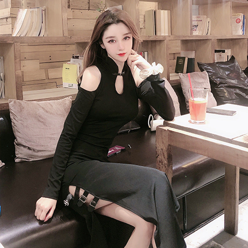 Sexy off-the-shoulder long-sleeved slim-fitting slim high split dress dark girl long cheongsam