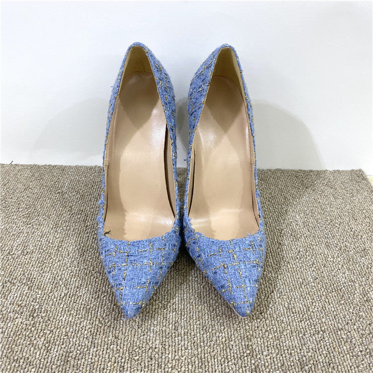 New Woven High Heel Shoes 12CM Pointed Stiletto Heel Shallow Mouth