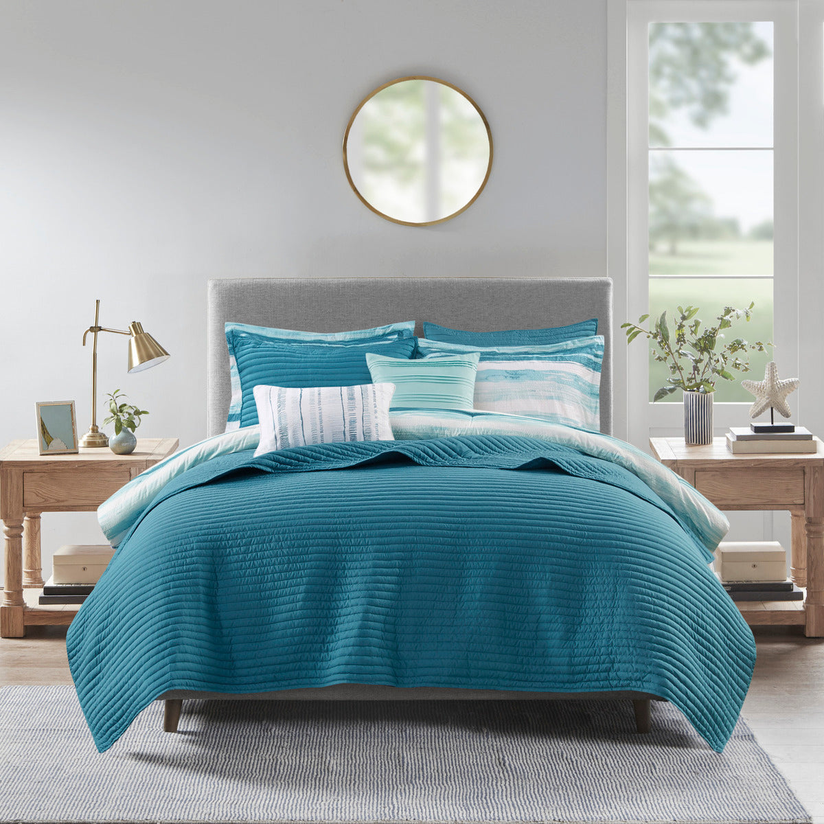 8 Piece Printed Seersucker Comforter and Quilt Set Collection Aqua King/Cal King