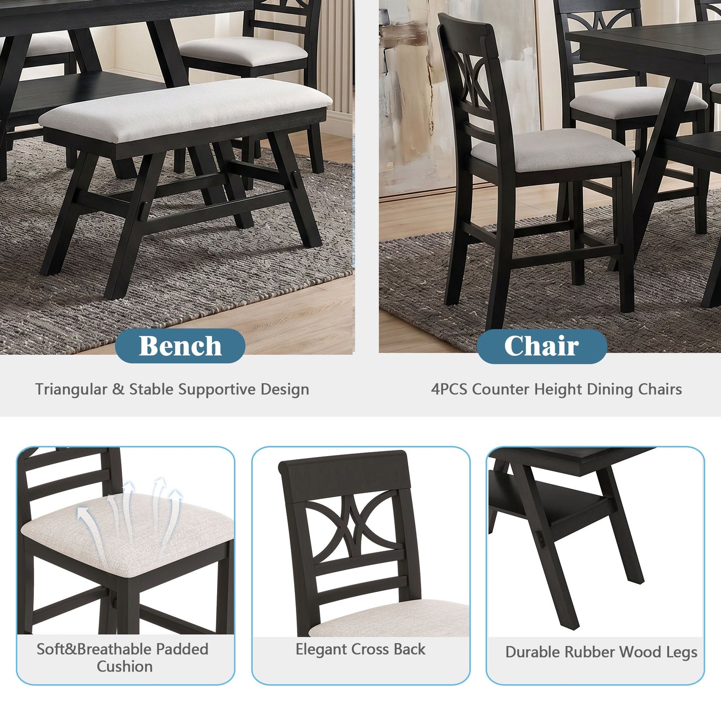 TOPMAX 6-Piece Wood Counter Height Dining Table Set with Storage Shelf